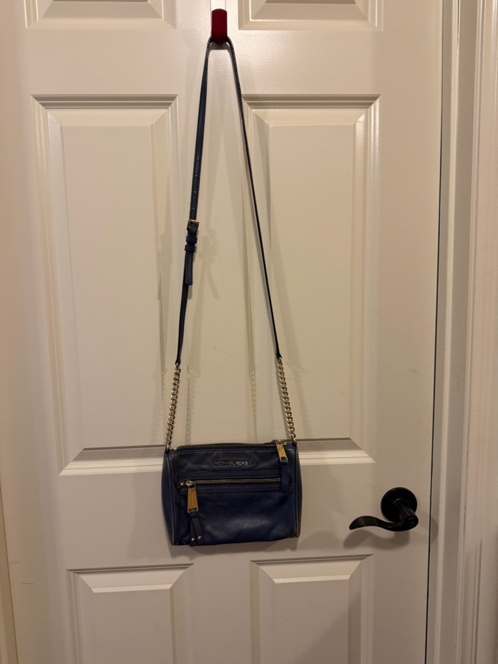 Michael Kors Blue Leather Chain Strap Crossbody with Gold Hardware